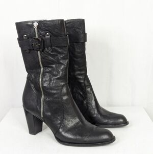 Stuart Weitzman Black Leather Heeled Midcalf Moto Boots Size 8.5